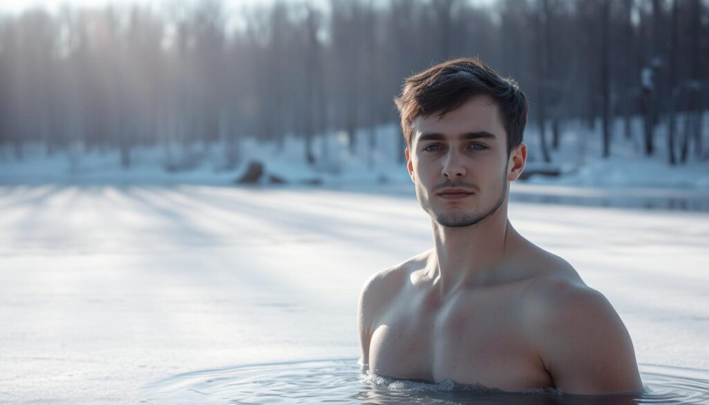 A serene, crisp winter landscape with a person standing in the foreground, their face partially obscured by frost. The subject's body is partially submerged in a frozen lake, their expression calm and focused, highlighting the benefits of cold exposure. The scene is bathed in a soft, diffused light, casting long shadows across the snowy terrain. In the background, a dense forest of bare, skeletal trees stands as a stark contrast to the icy stillness of the lake. The overall atmosphere conveys a sense of tranquility, resilience, and the power of the human body to adapt to extreme environmental conditions.