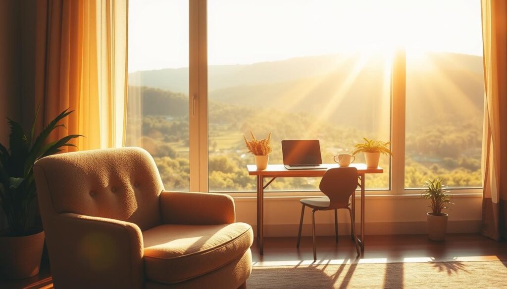A serene morning scene, bathed in warm, golden sunlight streaming through a large window. In the foreground, a cozy, plush armchair faces the window, inviting the viewer to bask in the gentle glow. The middle ground features a neatly arranged desk, with a laptop, a cup of coffee, and a few carefully placed plants. The background showcases an expansive, lush outdoor landscape, visible through the window's glass pane. The lighting is soft, diffused, and enveloping, creating a calming, rejuvenating atmosphere. The overall composition evokes a sense of tranquility, productivity, and a peaceful start to the day.